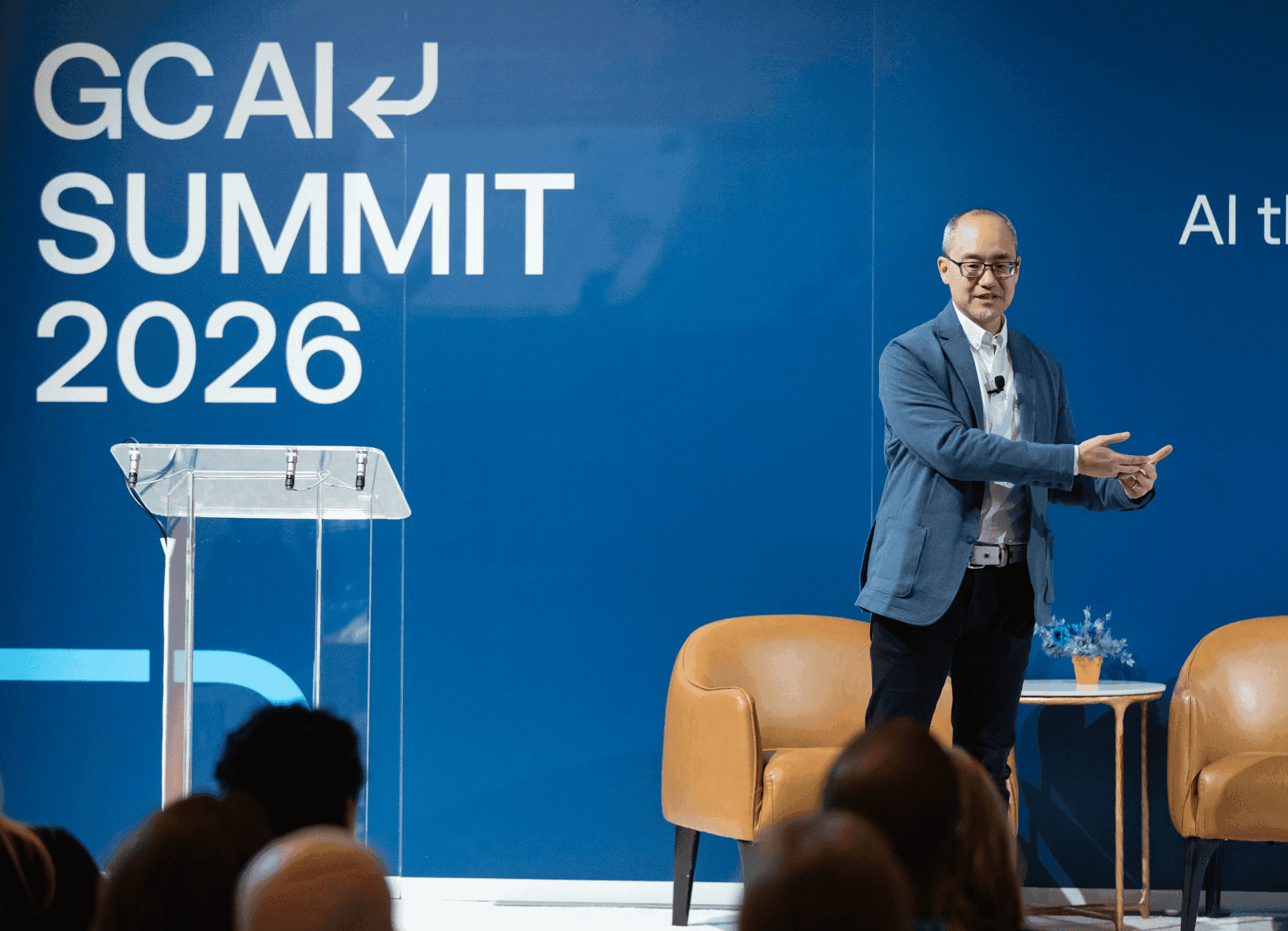 Ashton Kutcher speaking at the GC AI Summit