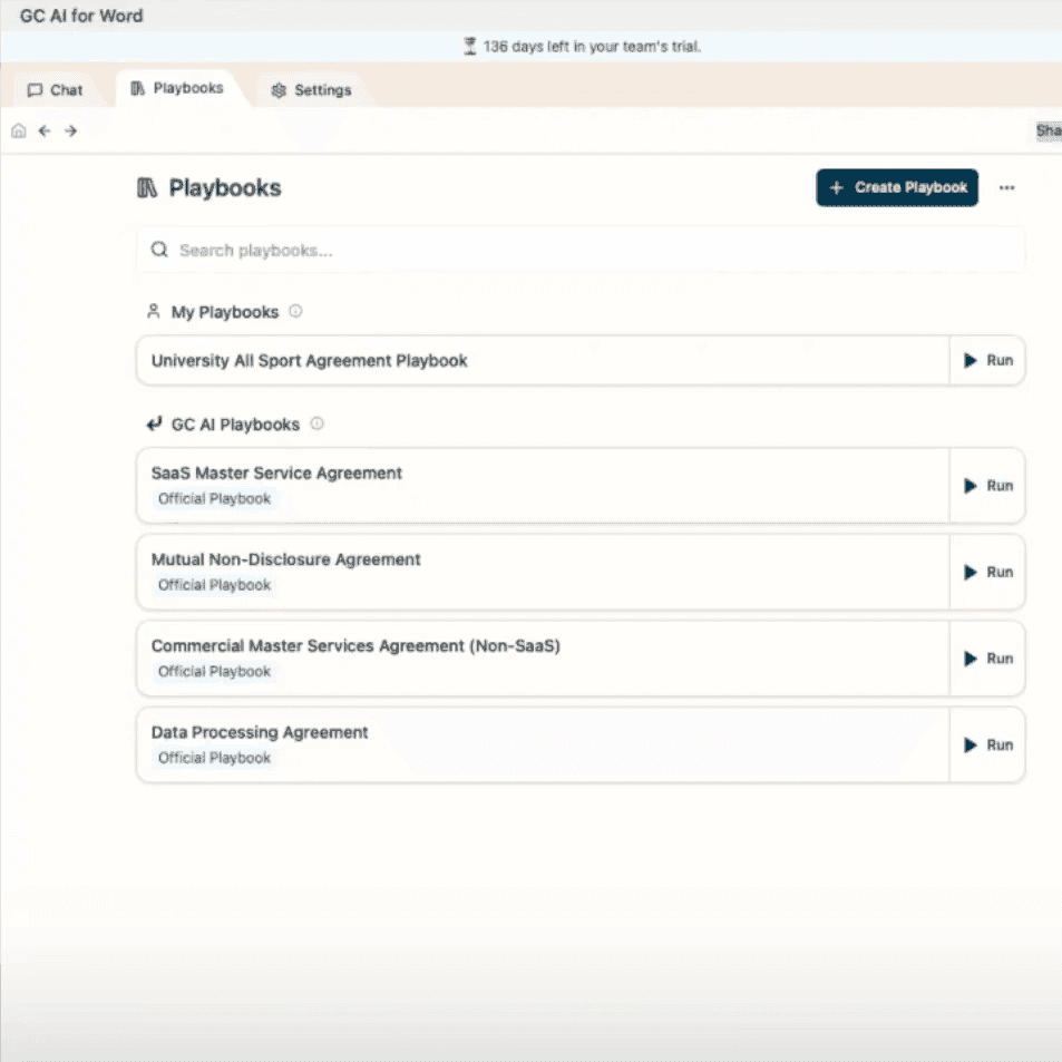GC AI Playbooks workspace listing legal contract playbooks