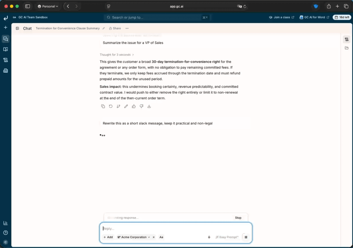 A GC AI chat answer being rewritten as a short, non-legal Slack message