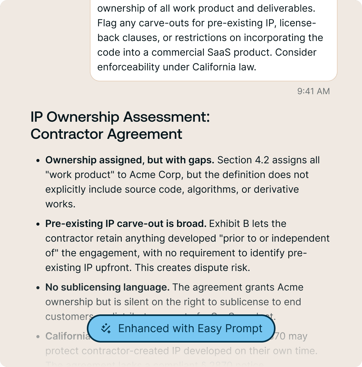 A detailed IP ownership assessment answer produced from a prompt enhanced with Easy Prompt