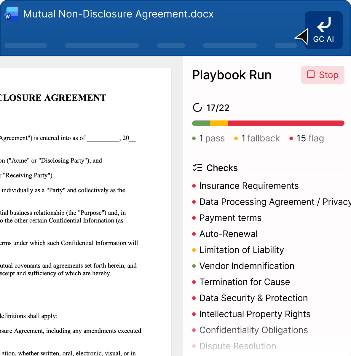 Playbook Run panel beside a Mutual NDA in Microsoft Word, listing pass, fallback, and flag results